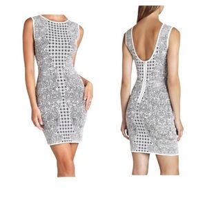 BCBGMaxAzria Jazmyne XS Bandage Jacquard Bodycon Midi Dress Blue White